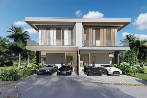 Luxury Vista Villas modern villa exterior with a private swimming pool and lush greenery.