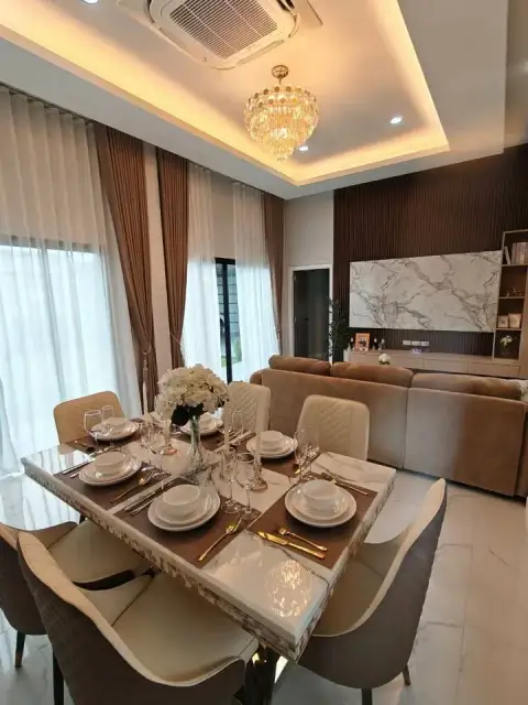 3 Bedroom House for Sale in Mabprachan elegant dining table set with crystal glassware and crystal chandelier