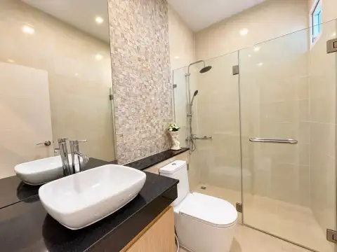 3 Bedroom House for Rent in Mabprachan modern bathroom with double vanity sinks and glass shower