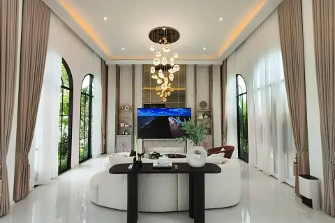 5 Bedroom House for Sale in Mabprachan primary bedroom with pool view through glass doors