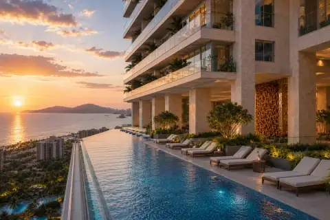 Marina Golden Bay sunset view from poolside terrace with loungers overlooking the bay