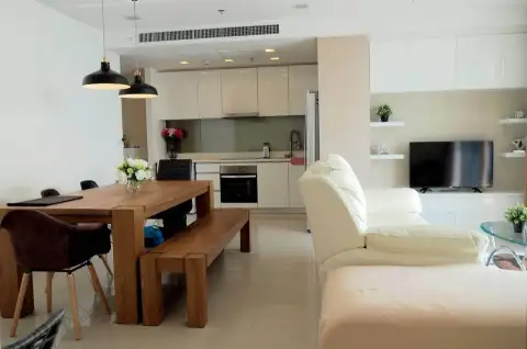 2 Bedroom Condo for Rent at Palm Wongamat open-plan living room, dining table and kitchen view