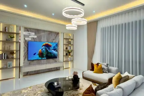 5 Bedroom House for Sale in Mabprachan modern lounge with marble TV wall ring chandelier and velvet sofas