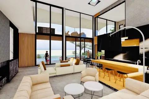Palisades Contemporary Living, living room with large windows, ocean view, and contemporary furniture.