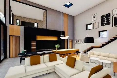 Palisades Contemporary Living, spacious living room with white sofas, wooden stairs, and modern art.