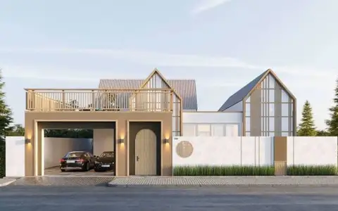 Narita Villa exterior street view with a modern facade, covered garage, and rooftop terrace.