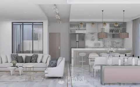 M Estate open-plan living room and dining area with white sofas and a wall-mounted TV.