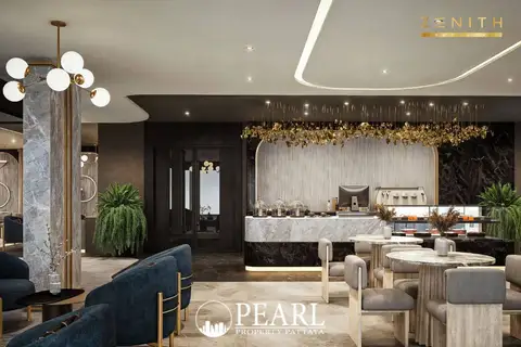 Zenith Pattaya stylish cafe and lounge area with marble countertops, modern seating, and decorative lighting.