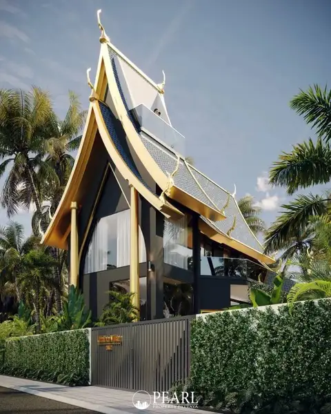 Umino villa Bang Saray aerial view of the house with traditional Thai roof, pool, and ocean backdrop.