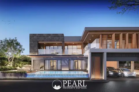 The Arowanyx modern house exterior with a swimming pool, integrated garage, and two cars.