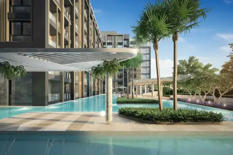 Pristine Park 3 outdoor swimming pool with a glass-enclosed gym building and palm trees.