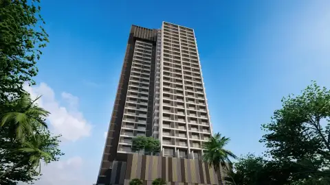 Marina Bayfront Sriracha condo building exterior seen from below against blue sky