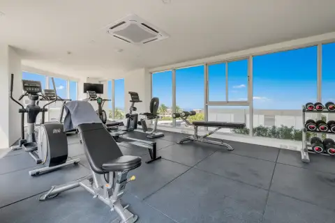 Sands Condominium modern fitness center with various exercise machines, weights, and large windows.