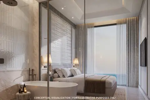 2 Bedroom Condo for Sale at Soondri Wongamat bedroom with ensuite tub and sea-view balcony