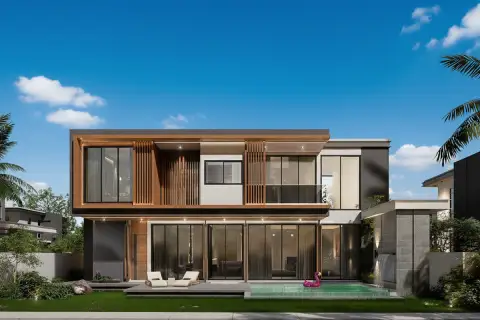 The Ozone Wealth Jomtien Pool Villa Pattaya: Front view of modern house with glass doors, wooden accents, and small pool.