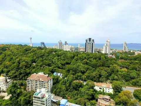 2 Bedroom Condo for Rent at Unixx South Pattaya aerial view of lush green park with Pattaya city skyline and sea