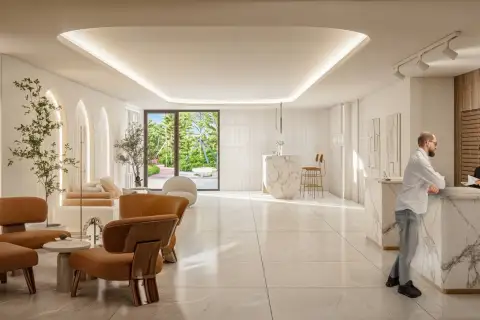Avenue Boutique Pattaya: Stylish lobby interior with marble reception desk, lounge seating, and natural light.
