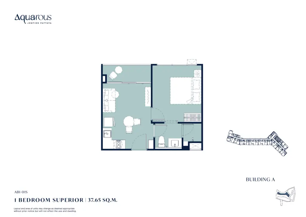 1 Bedroom Condo for Sale at Aquarous Jomtien Pattaya galley kitchen with marble countertop and living area view