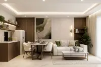 1 Bedroom Condo for Sale at Siam Oriental Beach: Open-plan living area with sofa, dining table, and modern kitchen.