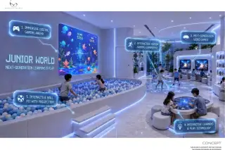 Embassy World Junior World kids play area with interactive ball pit, digital gaming arena, and motion gaming zone