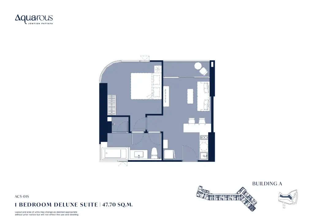 1 Bedroom Condo for Sale at Aquarous Jomtien Pattaya marble kitchen counter with wine glasses and dining setup