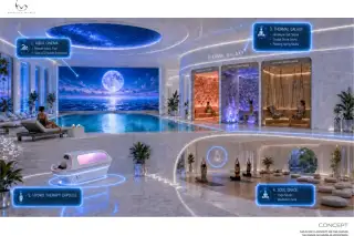 Embassy World wellness spa with aqua cinema heated pool, thermal galaxy saunas, hydro therapy capsule, and yoga studio