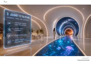 Embassy World immersive tunnel pool experience with glowing jellyfish projections and cosmic digital environment