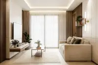 3 Bedroom Condo for Sale at Siam Oriental Beach, living room with sofa, coffee table, and large window.