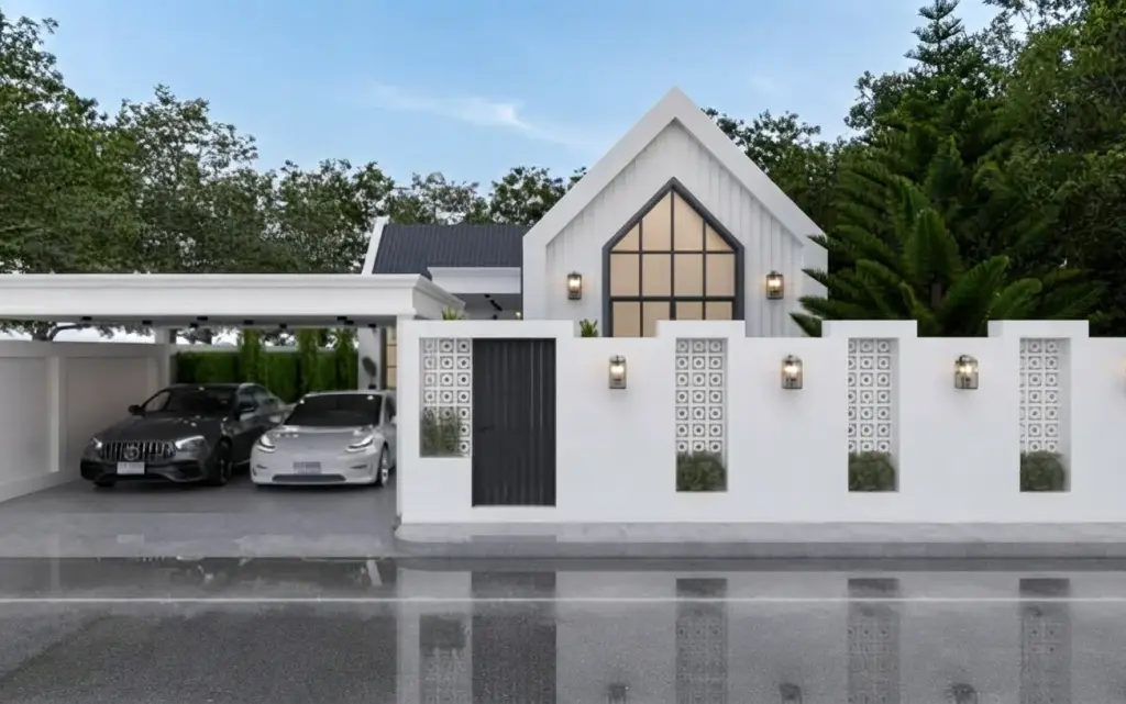 Living 36 At Pong Mabprachan Lake Pattaya modern white house exterior with gabled roof, fence, gate, and carport with two cars.