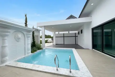 3 Bedroom House for Sale in Chak Nok backyard pool view with covered carport and glass doors