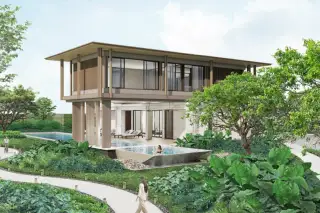 Patta Riverine two-storey luxury house exterior with private pool, sun loungers, and tropical garden landscape