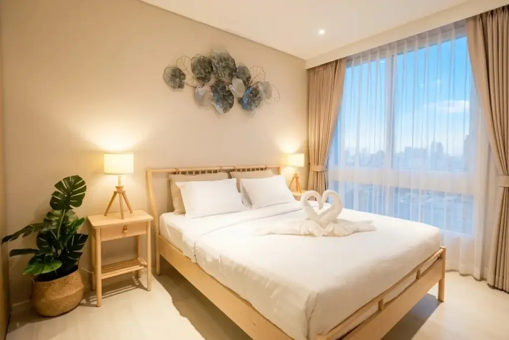 1 Bedroom Condo for Sale at Veranda Residence Pattaya bright bedroom with wooden bed white linens towel swans and floor-to-ceiling window