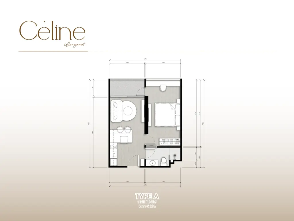 1 Bedroom Condo for Sale at Celine Wongamat open-plan living room with grey sofa, round coffee table, and kitchen bar with stools