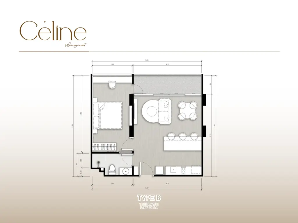 1 Bedroom Condo for Sale at Celine Wongamat open-plan living room with kitchen island, dining area, and light wood flooring