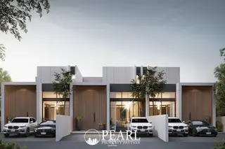 Asaya Pool Villa modern exterior with white and dark grey facades, large windows, wooden garage doors, and parked cars.