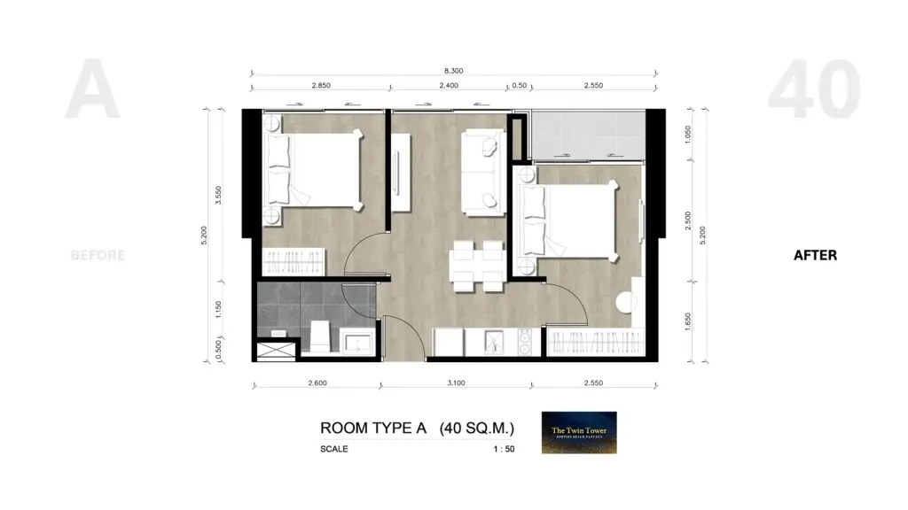 2 Bedroom Condo for Sale at The Twin Tower Jomtien Beach Pattaya open-plan kitchen with black countertops and wood cabinets leading to dining area