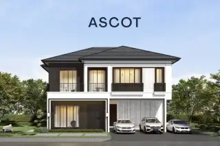 Chieftain stylish two-story house with white walls, black window frames, multiple balconies, and a car park.