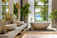 3 Bedroom Condo for Sale at The Riviera Palm Beach sleek white gloss kitchen with wood shelving LED strip lighting and long countertop