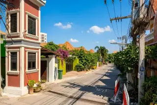Thanyawan Home: Light green two-story house with brown roof, striped awning, and lush green garden foliage in front.