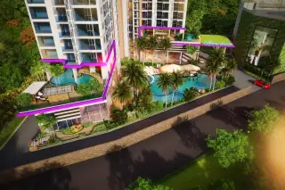 The Riviera Santa Monica aerial view of the condo complex, showing multiple swimming pools and lush landscaping.