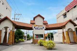Eakmongkol 8 concrete residential street lined with trees in planters and green hedges, utility poles overhead.