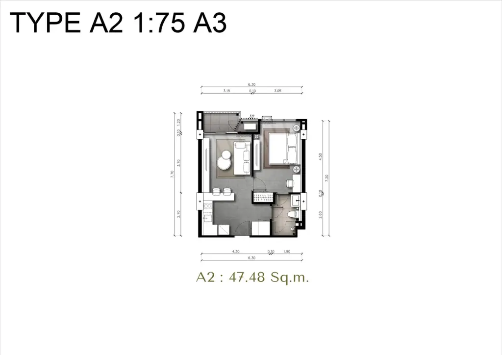 1 Bedroom Condo for Sale at Panora Estuaria: Open-plan living room with beige sofa, coffee table, and kitchen bar.