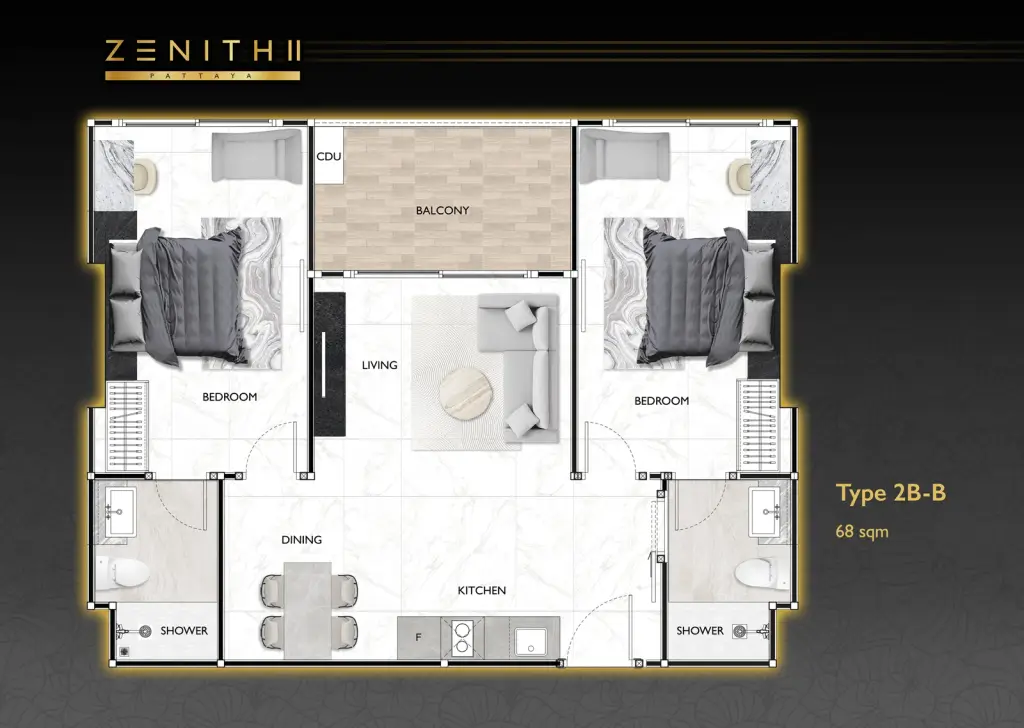 2 Bedroom Condo for Sale at Zenith 2 balcony view of resort-style pool with loungers and palm trees