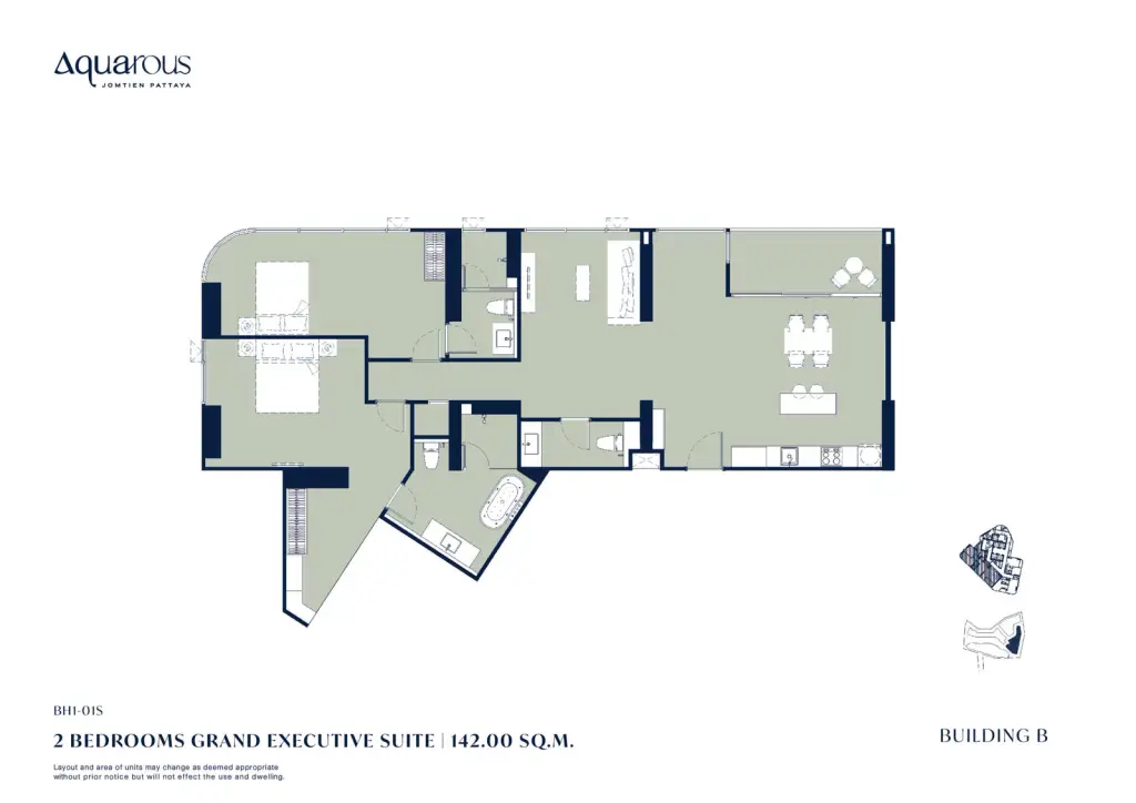 2 Bedroom Condo for Sale at Aquarous Jomtien Pattaya - bedroom with curved upholstered headboard and floor-to-ceiling window views