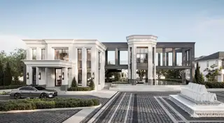 RAKHA PATTAYA luxurious modern house exterior with a fountain, elegant paving, and a car.