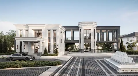 RAKHA PATTAYA luxurious modern house exterior with a fountain, elegant paving, and a car.