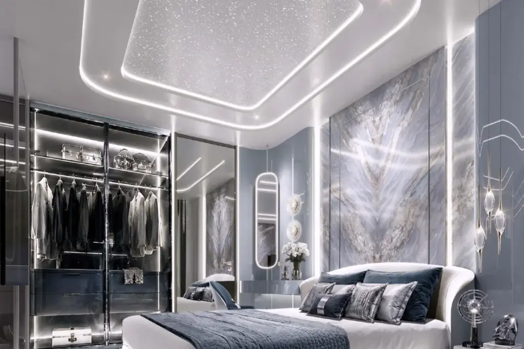 Studio Condo for Sale at Embassy World luxury bedroom with starlight ceiling, marble feature wall, and illuminated walk-in wardrobe