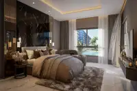 3 Bedroom Condo for Sale at Zenith 2 contemporary bathroom with dark marble tiles, floating vanity, toilet, and glass shower.