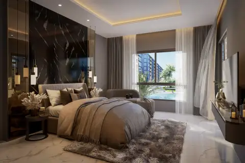 3 Bedroom Condo for Sale at Zenith 2 master bedroom with marble accent wall and pool view window