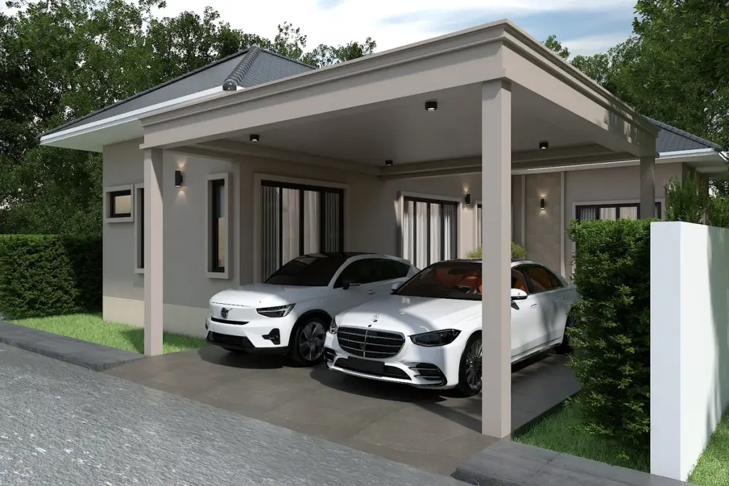 3 Bedroom House for Sale at Living 19 At Santisuk covered carport with two white luxury cars and modern exterior facade